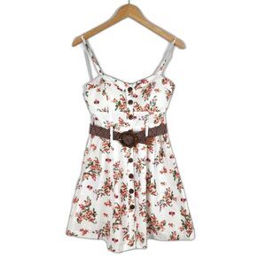 Mind Code Cotton Mini Dress Floral Cream Belted Wooden Button Size M